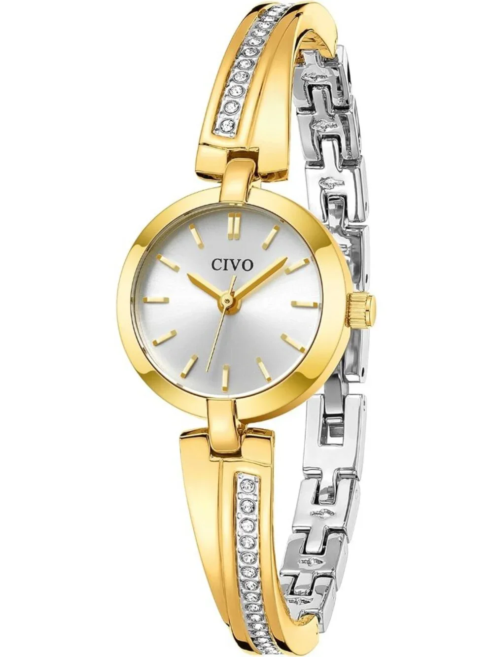 Women's Two Tone/Silver Diamond Bangle Stainless Steel Adjustable Casual Watches